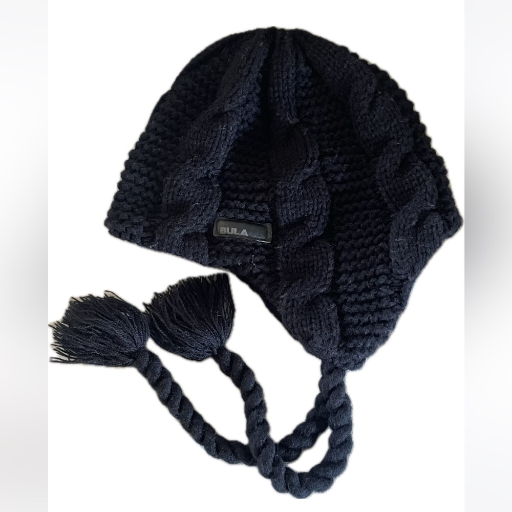 BULA Women’s Black Knit Ear Flap Beanie Tassled Corded Hat